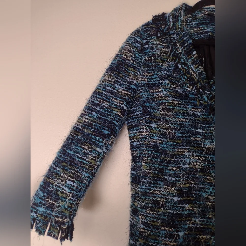 Laura Ashley Y2K Boucle Eyelash Fringe Coat Blue Green Black Stripe Size M